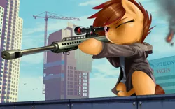 Size: 1920x1200 | Tagged: safe, artist:supermare, derpibooru import, oc, unofficial characters only, earth pony, pony, barrett, clothes, crossover, female, franklin clinton, grand theft auto, gta v, gun, hoodie, mare, optical sight, rifle, sniper rifle, solo, weapon