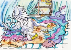 Size: 2000x1420 | Tagged: safe, artist:amber-wind, derpibooru import, princess celestia, blanket, hair over one eye, looking at you, lounging, pillow, prone, smiling, solo, spread wings, tea, teacup