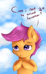 Size: 1494x2425 | Tagged: safe, artist:scarletcurl, derpibooru import, scootaloo, cute, hooves together, puppy dog eyes, solo