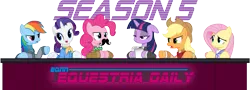 Size: 4167x1500 | Tagged: applejack, artist:starbolt-81, banner, clothes, derpibooru import, equestria daily, fluttershy, mane six, moustache, pinkie pie, rainbow dash, rarity, reporter, safe, simple background, table, transparent background, twilight sparkle, vector