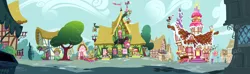 Size: 3640x1083 | Tagged: building, concept art, derpibooru import, flower shop, house, houses, leak, no pony, panorama, ponyville, safe, sugarcube corner, tree