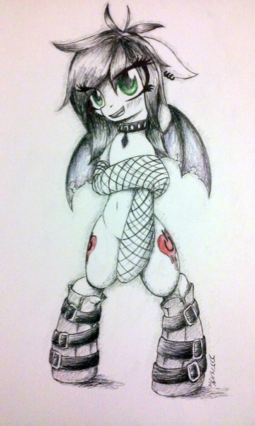 Size: 1152x1920 | Tagged: suggestive, artist:blvckmagic, derpibooru import, oc, unofficial characters only, bat pony, pony, bipedal, both cutie marks, collar, female, fishnets, piercing, solo, solo female, traditional art