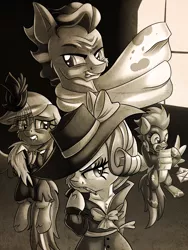 Size: 3000x4000 | Tagged: safe, artist:discorded, derpibooru import, rainbow dash, rarity, spitfire, wind rider, rarity investigates, candy, candy cane, clothes, detective, detective rarity, grayscale, hat, letter, monochrome, noir, scarf, wonderbolts uniform