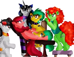 Size: 900x698 | Tagged: safe, artist:berrieblosym, derpibooru import, oc, oc:dermai innks, oc:jessler crowntop, oc:lucky curse, oc:traga modiflow, oc:victoria von sass, unofficial characters only, alicorn, earth pony, pegasus, pony, unicorn, alicorn oc, choker, clothes, collar, cross, ear piercing, friends, piercing, seat, support, tattoo, tattoo artist