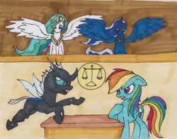 Size: 2212x1741 | Tagged: artist:shikogo, changeling, courtroom, derpibooru import, floppy ears, frown, glare, gritted teeth, open mouth, pointing, princess celestia, princess luna, rainbow dash, safe, spread wings, traditional art