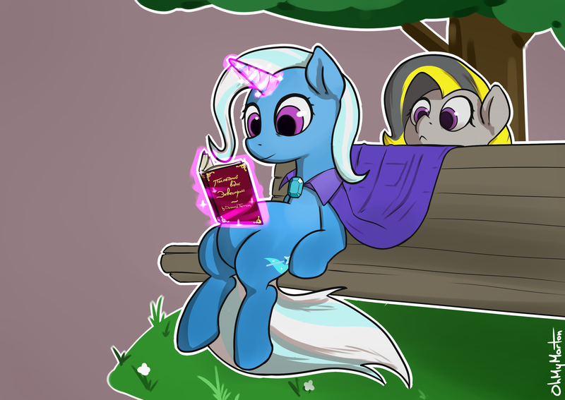 Size: 2896x2054 | Tagged: safe, artist:ohmymarton, derpibooru import, trixie, oc, oc:midnight blitz, pony, unicorn, bench, book, female, mare