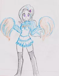 Size: 1773x2278 | Tagged: safe, artist:orochivanus, derpibooru import, trixie, equestria girls, friendship games, belly button, cheerleader, clothes, midriff, partial color, pom pom, skirt, socks, solo, thigh highs, traditional art, wondercolts