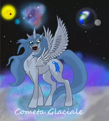 Size: 900x1000 | Tagged: safe, artist:silverfangwrathwolf1, derpibooru import, oc, oc:cometa glaciale, unofficial characters only, alicorn, pony, alicorn oc, solo, space