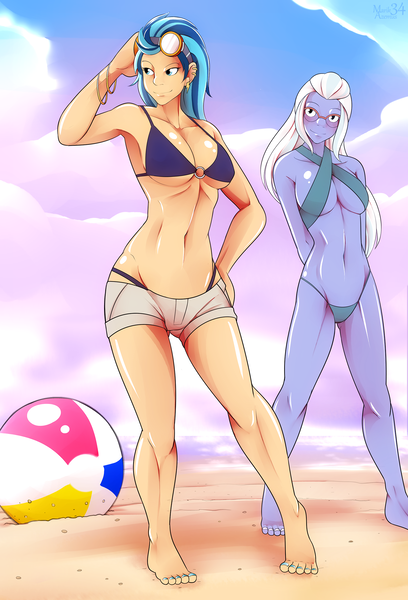 Size: 1700x2500 | Tagged: suggestive, artist:marik azemus34, derpibooru import, indigo zap, sugarcoat, equestria girls, friendship games, armpits, barefoot, beach, beach ball, belly, belly button, bikini, bikini bottom, bikini top, bocas top, breasts, busty indigo zap, busty sugarcoat, cleavage, clothes, earring, feet, female, females only, goggles, midriff, piercing, pose, shorts, swimsuit, underboob, water