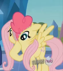 Size: 506x573 | Tagged: clothes, derpibooru import, fluttershy, fluttershy suit, masking, pinkie pie, pony costume, safe, screencap, solo, the crystal empire