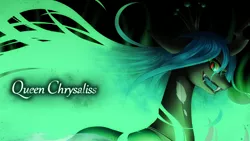 Size: 1920x1080 | Tagged: safe, artist:hashioaryut, derpibooru import, queen chrysalis, changeling, changeling queen, evil face, fangs, female, solo, wallpaper