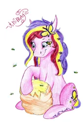Size: 1340x1948 | Tagged: artist:animagicworld, bee, beehive, derpibooru import, fluttershy, g3, honey, safe, this will end in pain, traditional art