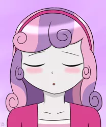 Size: 1500x1800 | Tagged: safe, artist:vanilla-cherry-cream, derpibooru import, sweetie belle, equestria girls, blushing, clothes, eyes closed, kissing, solo