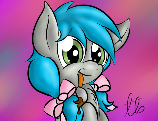 Size: 552x425 | Tagged: safe, artist:laptopbrony, derpibooru import, oc, oc:darcy sinclair, unofficial characters only, pegasus, pony, :t, bow, chest fluff, cute, female, gradient background, hair bow, looking at you, mare, mouth hold, paintbrush, pigtails, smiling, solo