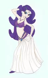 Size: 600x976 | Tagged: artist:zellykat, belly button, belly dancer, belly dancer outfit, breasts, cleavage, derpibooru import, female, human, humanized, jewelry, midriff, piercing, rarity, solo, solo female, suggestive