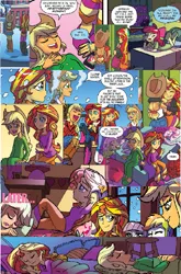Size: 677x1024 | Tagged: safe, artist:tonyfleecs, derpibooru import, idw, applejack, sunset shimmer, equestria girls, spoiler:comic, spoiler:comicholiday2014, appleshimmer, clothes, collage, female, lesbian, nightgown, shipping, shipping fuel, sleepover, slippers, winter