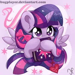 Size: 2000x2000 | Tagged: safe, artist:bugplayer, derpibooru import, twilight sparkle, twilight sparkle (alicorn), alicorn, pony, blushing, book, bow, bugplayer is trying to murder us, cute, cutie mark, female, hair bow, mare, present, solo, twiabetes