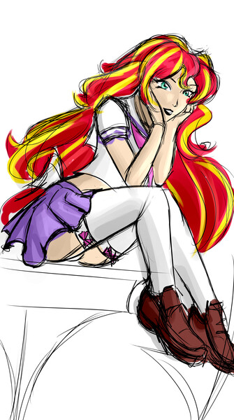 Size: 4800x8600 | Tagged: suggestive, artist:oudjiel, derpibooru import, sunset shimmer, equestria girls, absurd resolution, breasts, busty sunset shimmer, clothes, female, garters, humanized, lipstick, panties, panty shot, skirt, solo, stockings, the ass was fat, thigh highs, thighs, underass, underwear, upskirt