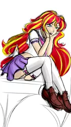 Size: 4800x8600 | Tagged: suggestive, artist:oudjiel, derpibooru import, sunset shimmer, equestria girls, absurd resolution, breasts, busty sunset shimmer, clothes, female, garters, humanized, lipstick, panties, panty shot, skirt, solo, stockings, the ass was fat, thigh highs, thighs, underass, underwear, upskirt