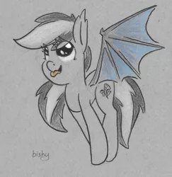 Size: 3000x3084 | Tagged: safe, artist:flowbish, derpibooru import, oc, oc:daturea eventide, unofficial characters only, bat pony, pony, jumping, solo, tongue out, traditional art