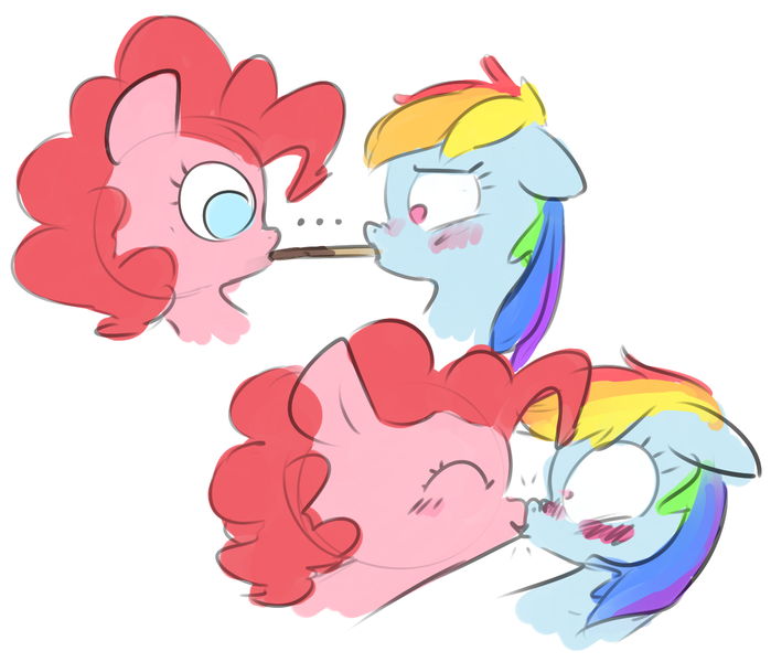 Size: 1239x1063 | Tagged: safe, artist:nobody, derpibooru import, pinkie pie, rainbow dash, earth pony, pegasus, pony, ..., blushing, boop, cute, embarrassed, female, floppy ears, kissing, lesbian, nose wrinkle, noseboop, pinkiedash, pocky, pocky game, shipping, simple background, white background, wide eyes