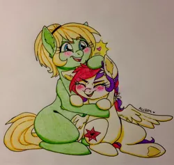 Size: 2326x2202 | Tagged: safe, artist:ameliacostanza, derpibooru import, oc, oc:mayday parker sparkle, ponified, earth pony, pegasus, pony, crossover, duo, gwen stacy, noogie, offspring, parent:peter parker, parent:twilight sparkle, parents:spidertwi, spider-gwen, spider-man, spiders and magic iv: the fall of spider-mane, spiders and magic: rise of spider-mane, traditional art