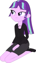 Size: 1184x2056 | Tagged: safe, artist:sketchmcreations, derpibooru import, starlight glimmer, equestria girls, alternate hairstyle, blouse, clothes, equestria girls-ified, high heels, kneeling, necklace, simple background, skirt, solo, transparent background