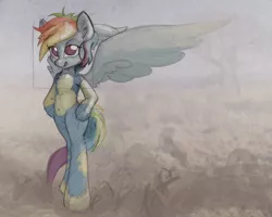 Size: 2948x2359 | Tagged: safe, artist:ruby, derpibooru import, rainbow dash, pegasus, pony, semi-anthro, belly button, bipedal, female, mare, open mouth, solo, traditional art, watercolor painting, wonderbolts uniform