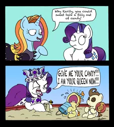 Size: 2480x2740 | Tagged: safe, artist:bobthedalek, derpibooru import, pound cake, princess platinum, pumpkin cake, rarity, sassy saddles, pegasus, pony, unicorn, rarity investigates, bucket, candy, comic, diaper, literal minded, lollipop, sandcastle, yelling