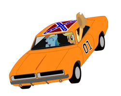 Size: 1820x1440 | Tagged: safe, artist:9x18, derpibooru import, applejack, rainbow dash, pony, airborne, car, confederate flag, dodge charger, dukes of hazzard, duo, female, general lee, hat, mare, simple background, transparent background, vector, vehicle