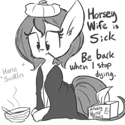 Size: 806x806 | Tagged: safe, artist:tjpones, derpibooru import, sniffles, oc, oc:brownie bun, unofficial characters only, earth pony, pony, horse wife, blanket, brownie bun without her pearls, cold, descriptive noise, horse noises, hot water bottle, ice pack, meme, monochrome, red nosed, sick, solo, soup, thermometer, tissue, tissue box, tumblr