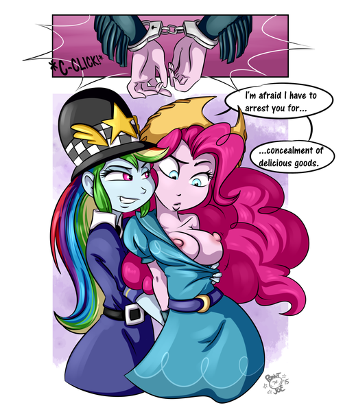 Size: 1280x1536 | Tagged: questionable, artist:ponut_joe, derpibooru import, pinkie pie, rainbow dash, equestria girls, friendship games, assisted exposure, bondage, breasts, busty pinkie pie, clothes, cuffs, dialogue, dress, dress pulled down, farmer pinkie, female, flirting, grin, hand cuffs, lesbian, nipples, nudity, pinkiedash, police officer, police uniform, rozzer dash, shipping, smirk, speech bubble, undressing