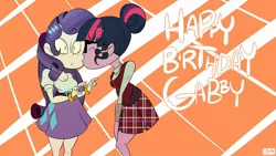 Size: 1280x720 | Tagged: safe, artist:rodscorpion, derpibooru import, rarity, sci-twi, twilight sparkle, equestria girls, friendship games, clothes, female, happy birthday, kissing, lesbian, rarilight, sci-rarilight, shipping, skirt