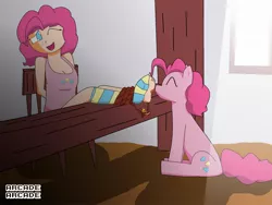 Size: 2000x1500 | Tagged: safe, artist:arcade-arcade, derpibooru import, pinkie pie, human, barefoot, chair, clothes, feet, fetish, foot fetish, foot worship, human ponidox, humanized, licking, licking foot, one eye closed, rope, seat, sock, socks, striped socks, tickle fetish, tickle torture, tickling, tongue out