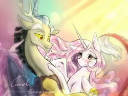 Size: 800x600 | Tagged: safe, artist:cassiel, derpibooru import, discord, princess celestia, :t, blushing, cuddling, dislestia, eye contact, female, floppy ears, grin, hug, male, pink mane, pink-mane celestia, shipping, smiling, snuggling, spread wings, straight