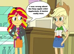 Size: 1024x745 | Tagged: safe, artist:equestriaguy637, derpibooru import, applejack, sunset shimmer, equestria girls, bottle, cider