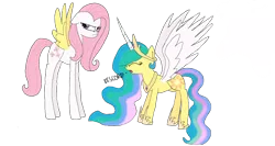 Size: 1228x651 | Tagged: safe, artist:hippityhoppity28, derpibooru import, fluttershy, princess celestia, alicorn, pegasus, pony, accessory swap, body part swap, mane swap, race swap, role reversal, shylestia, swapped cutie marks, tail swap, what has science done, wing swap