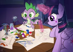 Size: 1194x854 | Tagged: safe, artist:dsana, derpibooru import, spike, twilight sparkle, twilight sparkle (alicorn), alicorn, pony, art supplies, concentrating, crystal castle, female, mare, painting, tongue out