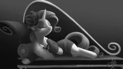 Size: 2560x1440 | Tagged: safe, artist:joellethenose, derpibooru import, rarity, pony, unicorn, rarity investigates, clothes, couch, draw me like one of your french girls, dress, eyes closed, fainting couch, female, mare, monochrome, signature, smiling, solo