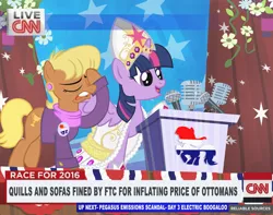 Size: 800x630 | Tagged: safe, artist:pixelkitties, derpibooru import, ms. harshwhinny, twilight sparkle, twilight sparkle (alicorn), alicorn, pony, cable news network, cnn, facehoof, female, mare, microphone, ms. harshwhinny's election campaign, open mouth, politics, pope, pope francis, pope hat, popess, votehorse