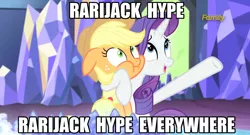 Size: 1280x690 | Tagged: safe, derpibooru import, edit, screencap, applejack, rarity, made in manehattan, chubby cheeks, discovery family logo, friendshipping, image macro, meme, rarijack, reaction image, shipping, x x everywhere