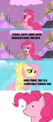 Size: 1276x2904 | Tagged: safe, derpibooru import, edit, edited screencap, screencap, fluttershy, pinkie pie, the return of harmony, chaos, chocolate, chocolate rain, cloud, comic, cotton candy, cotton candy cloud, discorded landscape, food, image macro, meme, rain, screencap comic, toilet humor, tongue out, too much information