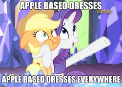 Size: 1035x736 | Tagged: applejack, apples and apple accessories, derpibooru import, fashion, floppy ears, image macro, made in manehattan, meme, open mouth, puffy cheeks, rarity, safe, screencap, smiling, :t, that pony sure does love fashion, wide eyes, x x everywhere