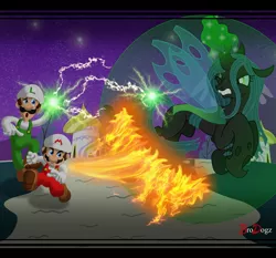 Size: 2340x2183 | Tagged: artist:brodogz, barrier, commission, crossover, derpibooru import, fight, fire, fire luigi, fire mario, lightning, luigi, magic, mario, nintendo, queen chrysalis, safe, super mario bros., versus