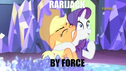 Size: 1279x719 | Tagged: suggestive, derpibooru import, edit, screencap, applejack, rarity, made in manehattan, discovery family logo, female, image macro, lesbian, meme, rarijack, shipping