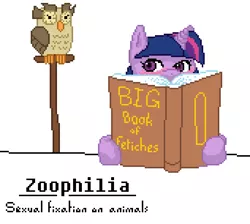 Size: 684x612 | Tagged: animal, artist:sehad, bestiality, big book of fetishes, book, derpibooru import, fetish, interspecies, owl, owlowiscious, pixel art, solo, suggestive, twilight sparkle, zoophilia