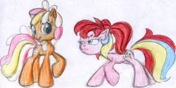 Size: 3451x1737 | Tagged: artist:colossalstinker, derpibooru import, g3.5, non-mlp oc, oc, oc:flitterglim, oc:sufflie, pencil drawing, ponified, safe, traditional art