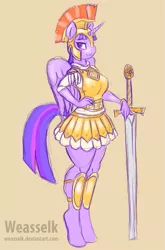 Size: 661x1000 | Tagged: anthro, armor, armor skirt, artist:weasselk, athena sparkle, bedroom eyes, clothes, costume, derpibooru import, doodle, helmet, looking at you, roman centurion, safe, scare master, skirt, solo, sword, twilight sparkle, twilight sparkle (alicorn), unguligrade anthro, weapon