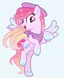 Size: 684x836 | Tagged: artist needed, source needed, safe, derpibooru import, oc, unofficial characters only, pegasus, pony, blue background, cute, cutie mark, hat, pink, rainbow power, rainbow power-ified, simple background, solo, wings