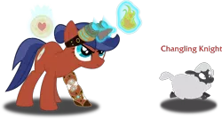 Size: 5580x3000 | Tagged: safe, artist:ruinedomega, derpibooru import, oc, oc:mana biscuit, unofficial characters only, pony, sheep, unicorn, :t, female, fire, fireball, frown, glare, glowing horn, goggles, mage, magic, mare, polymorph, ponyscape, prosthetic limb, simple background, smirk, standing, transparent background, vector, warcraft, wide eyes, world of warcraft
